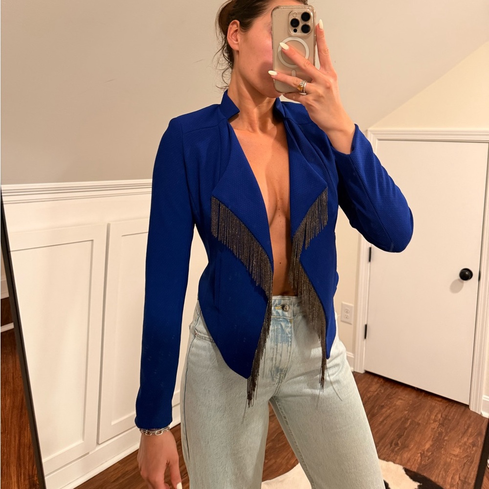 Chic Royal Blue Women's Blazer with Fringe Accents